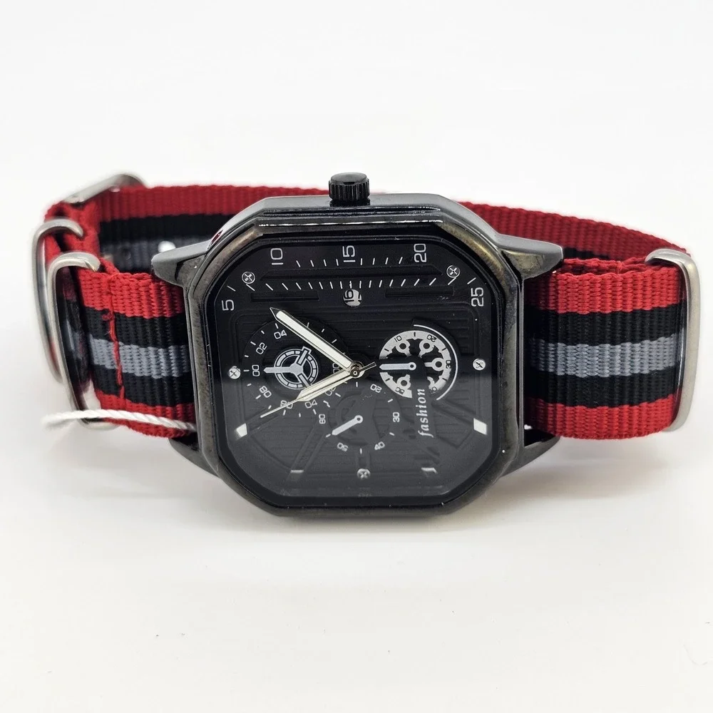 42MM Men's Watch Black‎ Dial Date Red Black Gray Canvas Band Strap New Battery
